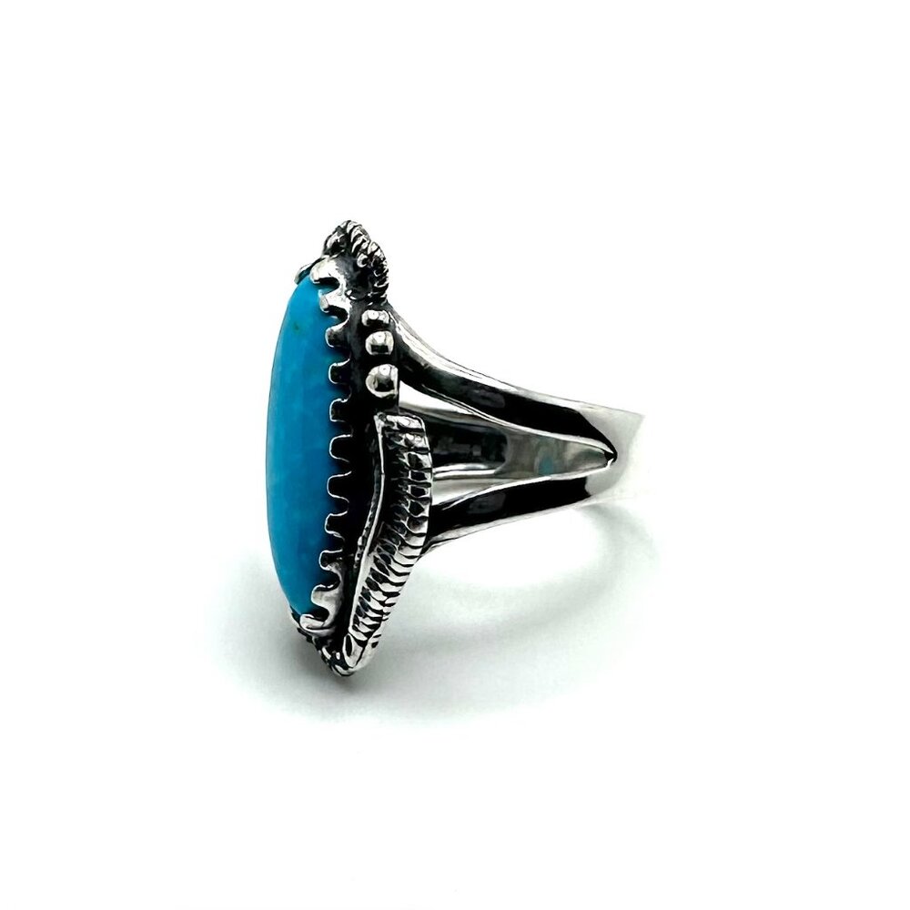 American West Leaf & Scroll Oval Blue Turquoise Sterling Silver Ring Size 9 - Picture 3 of 4